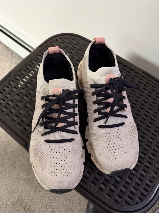 On Clouds Shoes - Light Pink Knit Athletic Sneakers with Black Laces